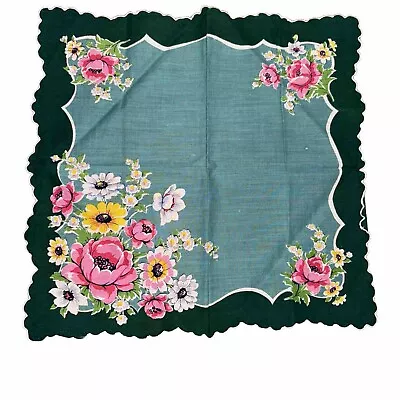 Sweet Green Pink Floral Vintage Hankie Handkerchief With Scalloped Edge 13” Sq. • $7