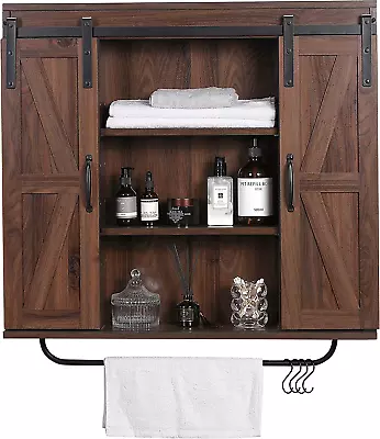 Rustic Wood Wall Storage Cabinet With Two Sliding Barn Door 3-Tier Decorative F • $191.99