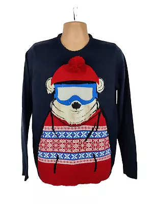 £11.99 • Buy Mens Tu Navy Blue Knitted Christmas Jumper Sweater Polar Bear Pom Pom Size Med M