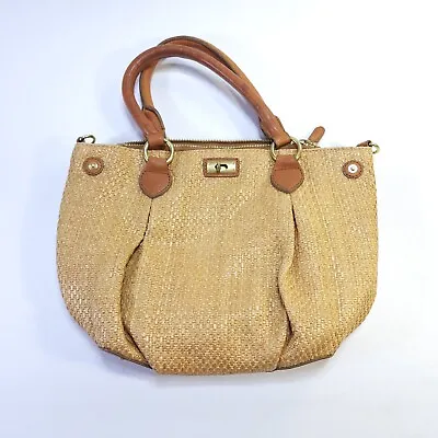 J Crew Tote Bag Womens Beige Woven Polyester Brown Leather Trim & Handles Purse • $26