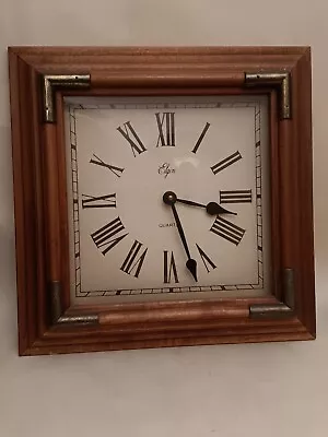 Vintage 15  ELGIN Wall Clock  Wood With Brass Corner Accents  • $45