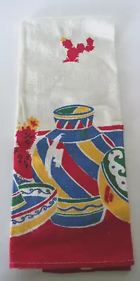 Mexican Hand Towel Vintage Pottery Cactus Sombrero Red Blue Yellow Cotton Linen  • $8