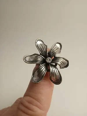 Vintage Adjustable Flower  Ring With Rhinestone  Silver Tone AE003 Marked • $6.99