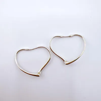 Tiffany & Co Elsa Peretti Open Heart Hoop Earrings Silver Fast Shipping • $397