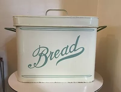 Vintage Style Enamelware Bread Box Bin Cream & Green W Lid • $35