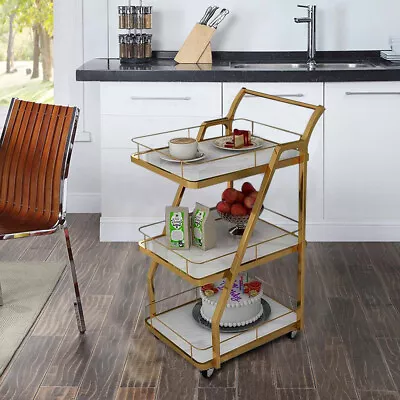 3 Tiers Gold Home Bar Serving Cart With Wheels Wine Rack Holder Vintage Bar Cart • $110