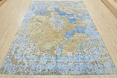 Fine Modern Oriental 7’11” X 9’11” Grey Blue Wool/Viscose Hand-Knotted Area Rug • $1474.75