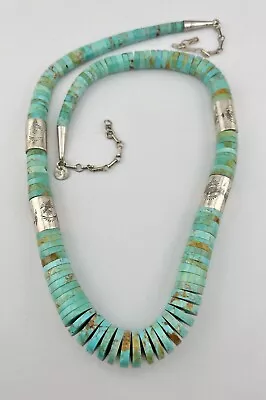 Vtg Santo Domingo Kewa Rolled Turquoise Heishi Stamped Sterling Necklace 29.5  • $395