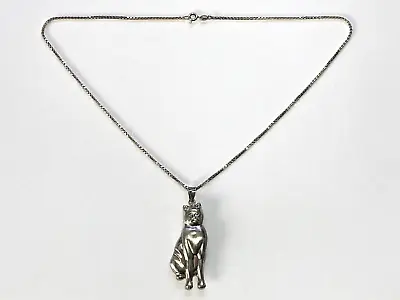 Vintage Sterling Silver 2  Figural Kitty Cat Pendant 18  Necklace Artisan Studio • $24.50