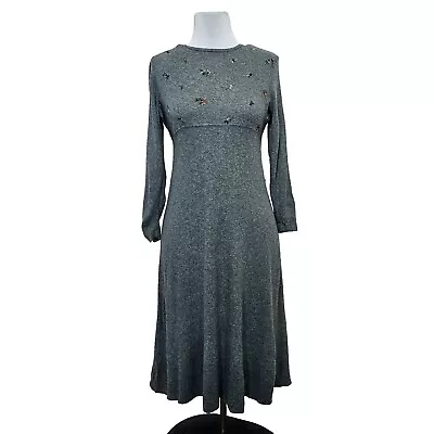 Vintage 90s Molly Malloy 8P Grey Soft Fleece Empire Waist L/S Embroidered Dress • $39.99