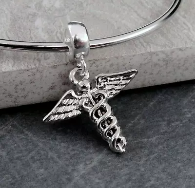 Silver Medical Symbol Caduceus Dangle Charm - Fits European Bracelets • $12.95