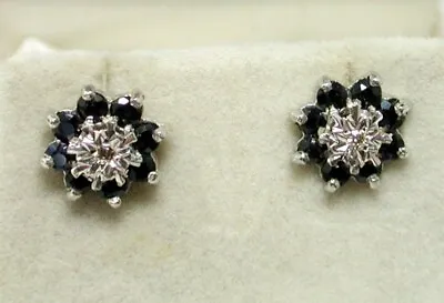 £87 • Buy Lovely Pair Of 9 Carat White Gold Sapphire And Diamond Cluster Earrings 21094