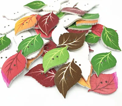 Wooden Buttons Mixed Color Leaf Shape Decoration Sewing Craft Scrapbooking 34mm • $1.34