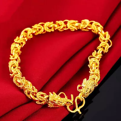 24k Yellow Gold Filled Womens Men 10mm Wide Dragon Link Chain Bracelet 7.5  D731 • $27.95