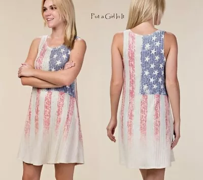 New VOCAL Womens CRYSTAL AMERICAN FLAG STARS SLEEVELESS TANK DRESS USA S M L XL • $40.80