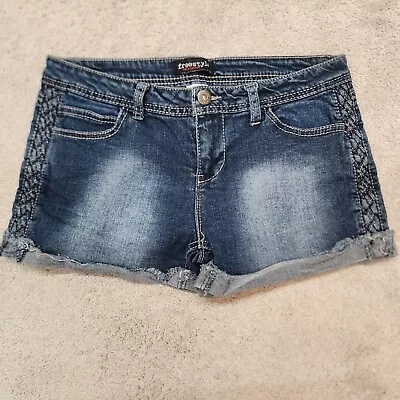 Womens Blue Jeans Sz 11 Braided Mid Rise Jean Shorts Cuffed • $9.99