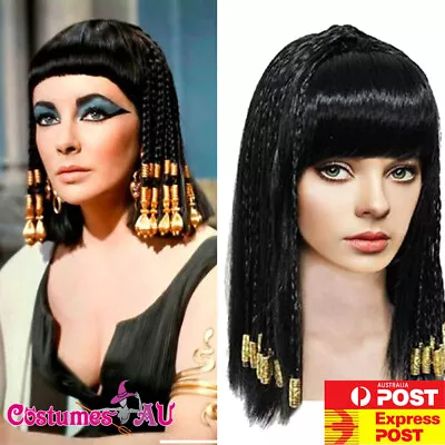 Ladies Gold Egyptian Cleopatra Black Braided Hair Wig Womens Queen Of Nile Wigs • £9.40