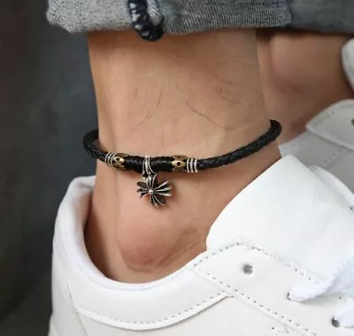 Women/ Men Genuine Leather Bless Cross Black Rope Anklet Bracelet One Size • $9.99