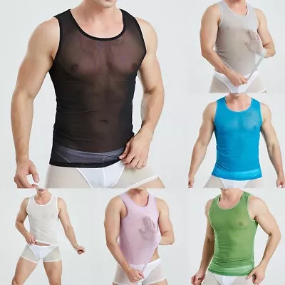 Mens Elastic Mesh See-through Sheer Shirt Gym Tank Tops Sport Muscle String Vest • £6.92