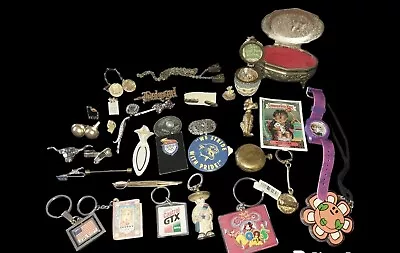 Vintage Now Junk Drawer Lot~  Kenchains Barrettes Pins Scarf Clip Pocket Watch  • $9.99