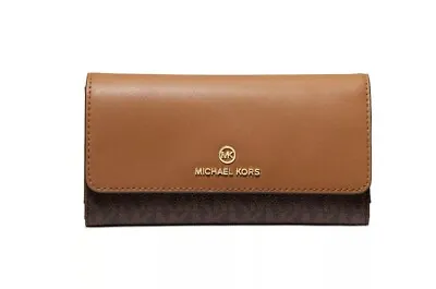 MICHAEL KORS Jet Set Signature Logo Faux-leather Large Tri-fold Wallet - BROWN • $75