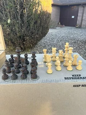 Vintage Chess Set In Box Carved Wood Pieces 32 Total King 2.5 Inches • $75