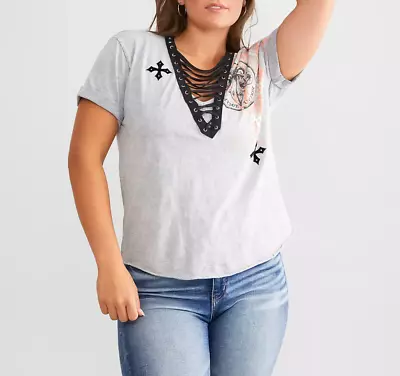 Affliction Women's “Full Stack” Angel Wings Cuffed Sleeves V-Neck Grey T-shirt • $78.11