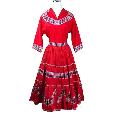 Vintage 50s Patio Square Dance Outfit Small Red Black Silver Blouse Circle Skirt • $124.26