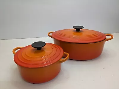 Retro - 2x Le Creuset Orange Casserole Pots - Size B + D - 11  + 7   Wide • £21