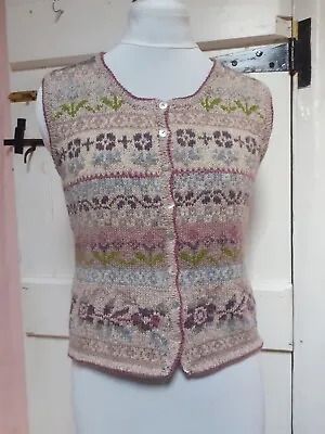 Hand Knitted Waistcoat Fairisle Floral Pink Wool Small Marie Wallin Inspired • £55