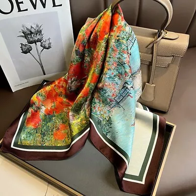 100% Silk Scarf Women Neckerchief Square Bandana Wrap Oil Paiting Flower 68*68cm • $13.72