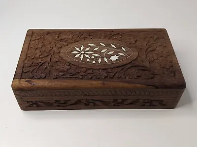 Vintage Hand Carved Floral Folk Artist Wood Jewelry Box W/ Inlays 6 X 4 X 2.5  • $21.90