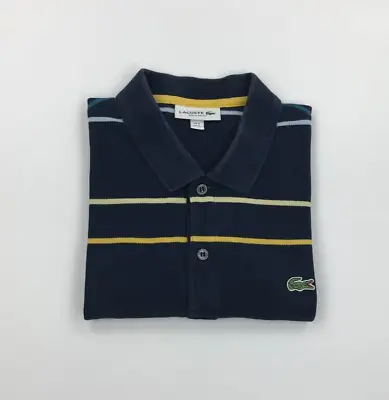 Men's Navy Blue Striped Lacoste Polo Shirt Size 6 Large L Regular Fit Logo B • £24.99