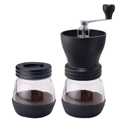 Coffee Bean Grinder Adjustable Ceramic Burr Glass Jar Manual Storage Mill Black • £8.95