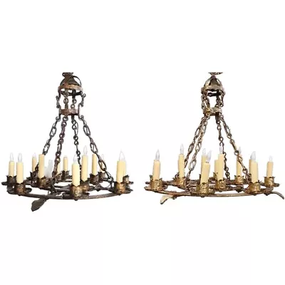 Pair Large Antique Medieval Style Gilt Forged Iron 12-Light Chandeliers C. 1900 • $7950