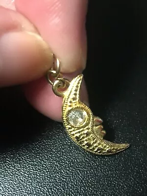 Vintage Crescent Moon Pendant With Textured Face And Rhinestone Eye Gold Tone • $3.90