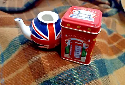 Mini Ceramic British Teapot Union Jack Flag And English Tea Tin • £25.30