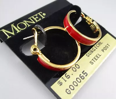 New Stock Vintage 90s MONET Gold Tone Red Enamel Hoop Post Pierced Earrings 73B • $12.99