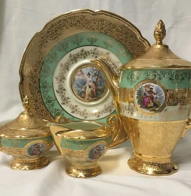 (4 Piece) Victoria Czechoslovakia Gold Encrusted Handpainted 'Portrait' TEA SET • $275