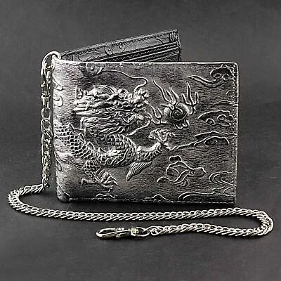  	Mens Dragon Vintage Silver Grey Leather Wallet Card Holder Purse With Chain • $21