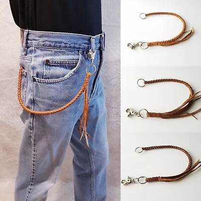 Braided Leather Wallet Lanyard Chain Long Silver Biker Trucker Handmade Brown • $25.99