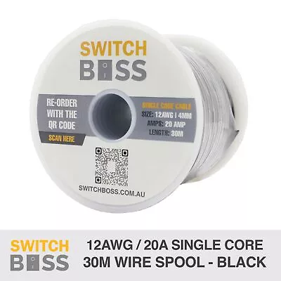 BLACK 12 AWG 20A Single Core Wire Cable Spool 12v 24v Automotive Marine Van 30m • $49.90