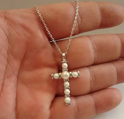 925 Sterling Silver Pearl Cross Necklace  Pendant W/ White Pearls/ 18 Inch • $37.26