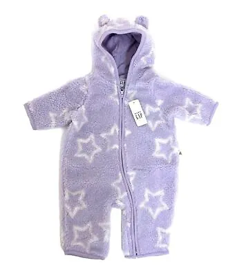 Ex Baby GAP Girls Lilac Star Fleece Hooded Pramsuit Snowsuit All In One  0 - 24 • £12.99