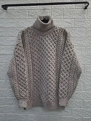 New The Irish Store Aran 100% Merino Wool Roll Neck Sweater Oatmeal Size Medium • $70