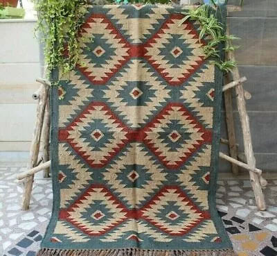 Kilim Rug Wool Jute Runner Vintage Handwoven Navajo Kilim Carpet Modern Area Rug • £296.50