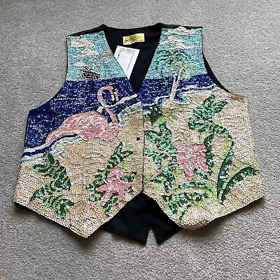 Vintage Flamingo Sequin Vest Womens XL Beaded Tropical Cruise Beach Ocean New • $54.99