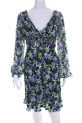 Carlos Miele Womens Floral V Neck Long Sleeve Dress Multicolor Green Size 36 LL1 • $19.99