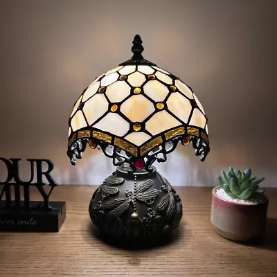 Tiffany Style Mini Table Lamp Beige Stained Glass Crystal Beans Led Bulb H12“W8” • $119.99