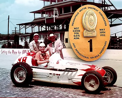 1952 Indy 500 SILVER #406 Pit Badge W/BUC #1 - Plus: 8x10 Photo Of Troy Ruttman • $299